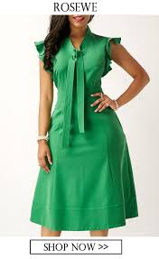 33 23 Free Shipping Worldwide Green High Waist Tie Neck Pocket Dress Rosewe Dress Vestidos Modelos De Roupas Roupas