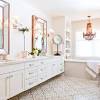 Romantic bathroom built in vanity white raised panel cabinets style chrome faucet wall covering mount. 3