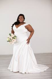 Mikado Off The Shoulder Fitted Plus Size Wedding Gown In 2020 Plus Size Wedding Gowns Wedding Dresses Plus Size Plus Size Wedding