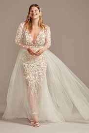 Floral Illusion Plus Size Bodysuit Wedding Dress David S Bridal Wedding Dress Styles Davids Bridal Wedding Dresses Plus Wedding Dresses