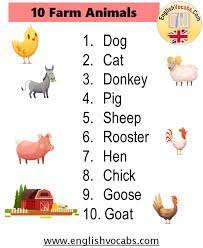 10 Farm Animal Names List English Vocabs