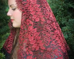Evintage Veils~ Sacred Heart Deep Red Lace Vintage Inspired Lace Chapel  Veil Mantilla Classic D Shaped Veil