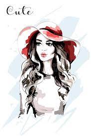 Hand Drawn Beautiful Woman In Red Hat Fashion Lady Stylish Young Woman Portrait Royalty Free Illust Girl Face Drawing Girl Drawing Watercolor Fashion Sketch
