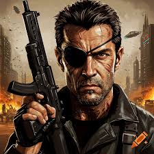 Johnny Cage in martial arts gear with sunglasses against a fiery  background.