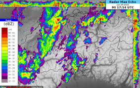 Die unterschiedliche intensität wird durch unterschiedliche farben dargestellt. Meteoschweiz Radar