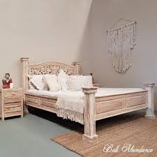 Hand Carved Teak Wood Bed The Lovina In Whitewash In 2020 Hand Carved Teak Teak Bedroom Bali Furniture