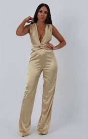 Champagne Satin Plunge Neck Jumpsuit Nikita Satin Clothing Jumpsuit Classy Outfits