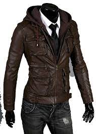 Mens Detachable Fabric Hooded Leather Jacket Men Leather Jacket Hooded Jacket Leather Jacket With Hood Winter Leather Jackets Mens Fashion Edgy