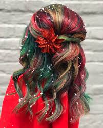 During the winter, short hair works better when you're rocking chunky turtlenecks and trying to avoid accidentally catching rogue long strands in 15 pretty holiday hairstyles to try this christmas. Christmas Is In The Air And In The Hair Jasmine Of Rock Your Locks Salon Created A Holiday Themed Hair Color Lo Hair Styles Long Hair Styles Cool Hair Color
