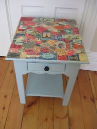 See more ideas about art painting, funky painted furniture, hand painted furniture. Cute Pine Side Table Painted Blue With French Travel Stickers Decoupaged On Top 175 00 Via Etsy Cute Furniture Funky Painted Furniture Painted Side Tables