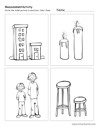 Free printable worksheets on measuring sizes, tall and short.