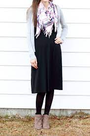 Modest Dressy Casual Outfit Idea For Church Little Black Dress Blanket Scarf Gray Cardigan Ankle Bo Dressy Casual Outfits Dressy Casual Casual Fall Outfits