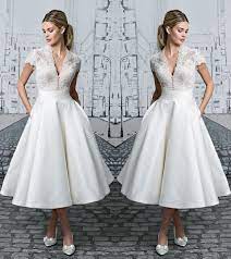 Short Wedding Dresses V Neck Lace Tea Length Ivory Simple Vintage Bridal Gown Jkw258 Tea Length Wedding Dress Vintage Tea Length Wedding Dress Short Wedding Dress