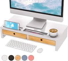 When you have a laptop stand for bed, you will be sitting up and hence, less likely to slump into a sleeping position. Amazon Com Monitor Riser Stand Desk Shelf With Drawer Keyboard Storage Stylish White 22 X 10 6 X 4 7 Office Products