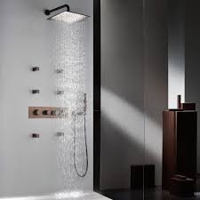 Thermostatic Rainfall Shower Set Wall Mount Six Body Spray Jets Handshowe In Orb Shower Systems Shower Faucets Shower Remodel