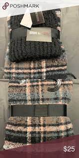 Steve Madden Hat Scarf Set Brand New Steve Madden Hat And Scarf Set Black Hat With A Pink White Grey And Black Pla Scarf Set Hat And Scarf Sets Boutique Set