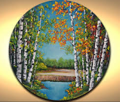 Birch Tree Wall Art Canvas Birch Tree Painting Round Canvas Wall Art Impasto Painting Abstract Landscape Wall Decor Art Painting Round Canvas Birch Tree Painting
