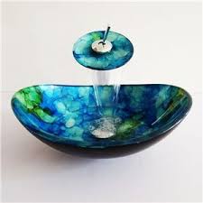 Entrepot Ue Style Moderne Simple Robinet Et Lavabo Oval Ensemble En Verre Trempe A Motif Bleu Et Vert Pour Salle De Bain Vasque Robinet Vasque A Poser
