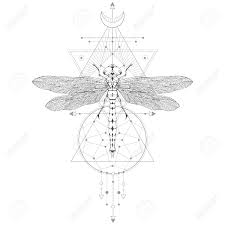It's a rather large tattoo that is made up solely of dots. Vector Illustration With Hand Drawn Dragonfly And Sacred Geometric Symbol On White Background Abstract Mystic Sign Black Linear Shape For You Design Tattoo Print Posters T Shirts Textiles And Magic Craft Royalty Free