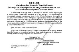 Oficiul national pentru jocuri de noroc comitetul de supraveghere decizie nr. Timisoreanul Vali Korman Vicepresedinte Al Oficiului National Pentru Jocuri De Noroc
