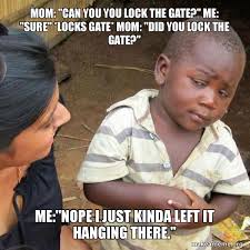 Mom Can You You Lock The Gate Me Sure Locks Gate Mom Did You Lock The Gate Me Nope I Just Kinda Left It Hanging There Skeptical Third World Kid Make