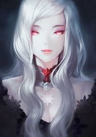 In anime and in movies, sometimes different races/species of humanoid people. Hd Wallpaper Gray Haired Female Anime Character Red Eyes White Hair Portrait Display Wallpaper Flare