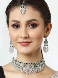 Buy Arrabi Green AD-Studded Silver-Plated Jewellery Set