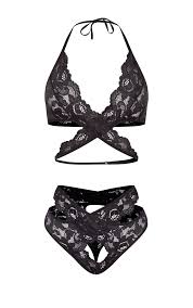 Do not judge my bloating. Black Scalloped Lace Wrap Over Bra And Knicker Set Prettylittlething
