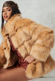 Features include button up front and fur trim collar. Petite Camel Faux Fur Coat Missguided
