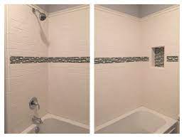 Classic White Subway Tile With Glass Tile Border Tub Surround Bathtub Tile Surround Bathtub Tile Bathtub Tile Surround Bath Remodel