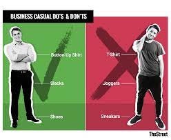 Chief among them is that in a business casual environment, shirts for men usually have collars and the pants worn are khaki. What Is Business Casual Thestreet