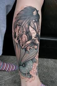 The hippocampus has typically been depicted as having the upper body of a horse with the lower body of a fish. Big Half Colored Fantasy Horse With Fish Tail Tattoo On Leg Tattooimages Biz