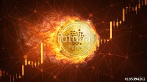 golden iota coin in fire with bull trading stock chart iota