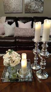 Using A Mirror Tray Two Silver Candlesticks Two Diy Candle Holders And A Diy Flower Arrangement T Silver Tray Decor Coffee Table Decor Tray Mirror Tray Decor