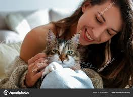 Portrait Young Woman Holding Cute Siberian Cat Green Eyes Female — Stock  Photo © evrmmnt #536169314