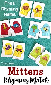 Preschool is a great time to introduce your child to flashcards and worksheets; Mittens Rhyming Match Up Totschooling Toddler Preschool Kindergarten Educational Printables