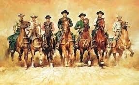 The magnificent seven is a 1960 american western film directed by john sturges and starring yul brynner, eli wallach and steve mcqueen.the supporting cast features charles bronson, robert vaughn, brad dexter, james coburn and horst buchholz. Renato Casaro The Magnificent Seven Art Print Canvas On Stretcher