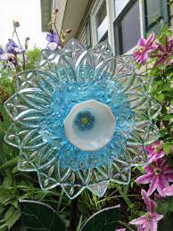 Glass Garden Flower Garden Gifts Yard Art Upcycled Glass Blue Flower Garden Decoration Plate Flowers Garden Gifts Mother S Day Gift Flower Garden Gifts Glass Plate Flowers Plate Flowers Garden