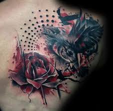 Bird And Rose Tattoo Simple Bird With Rose Watercolor Trash Polka Mens Back Tattoos Trash Polka Tattoo Trash Polka Tattoos For Guys