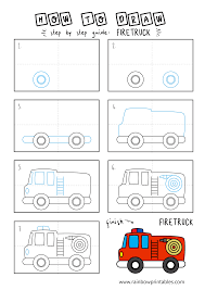 Learn how to draw an easy truck using this step by step video! How To Draw A Red Firetruck For Children Step By Step Line Illustration Guide Rainbow Printables