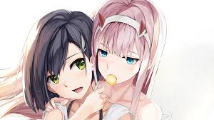 Tagged under uemura yuuto and darling in the franxx. Darling In The Franxx Zero Two Hiro Green Eyes Ichigo Giving Lollypop To Zero Two With White Background Hd Anime Wallpapers Hd Wallpapers Id 38858