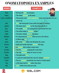 Onomatopoeia Definition Onomatopoeia Words List With Examples 7 E S L In 2020 Onomatopoeia Word List Writing Words