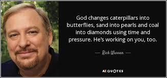 God changes caterpillars into butterflies, sand into pearls and coal into diamonds using time and pressure. Rick Warren Quote God Changes Caterpillars Into Butterflies Sand Into Pearls And Coal