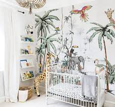 Jungle theme decor, jungle leaves decals, jungle nursery decor, jungle decorations, jungle wall decor nursery, tropic wall decals, palm leaf. Gorgeous Jungle Nursery With Safari Jungle Print Wallpaper Jungle Wallpaper Baby Boy Rooms Nursery Baby Room