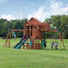 Backyard Discovery Skyfort Ii Residential Wood Playset Lowes Com Wooden Swing Set Backyard Playset Backyard Swing Sets