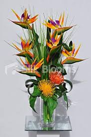Bird Of Paradise Silk Flower Arrangement Silk Blooms Ltd Artificial Orange Pincushion Protea And Bird Of Paradise Floral Arrangement W Striped Leaves And Mitsumata Silk Flower Arrangements Tropical Floral Arrangements Flower Arrangements