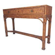 The bottom shelf is woven and the top has 3 drawers! Ethan Allen Burnt Bamboo Rattan 3 Drawer Console Table Image 1 Of 7 Console Table Table Entryway Tables