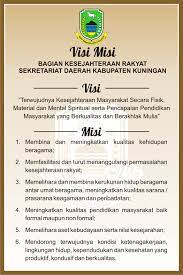 Beberapa ini merupakan contoh visi dan misi yang mungkin menginspirasi kalian dalam membuat visi dan misi: Visi Dan Misi Bagian Kesra Kesejahteraan Rakyat Setda Kabupaten Kuningan
