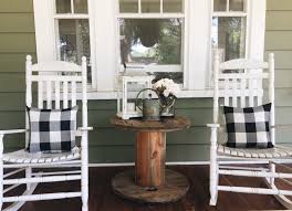 Black And White Buffalo Plaid Rocking Chair Cushions Front Porch Decor Cable Reel Table Black And White Buffalo Check Rocking Chai In 2020 Summer Front Porches Front Porch Decorating Rocking Chair Front Porch