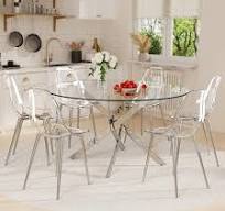 Clear Round Glass Dining Table Set for 6, 7 Piece Circle Kitchen Table Set,  47'' Modern Circular Dining Room Table Set, Minimalist Dining Set, Clear ...